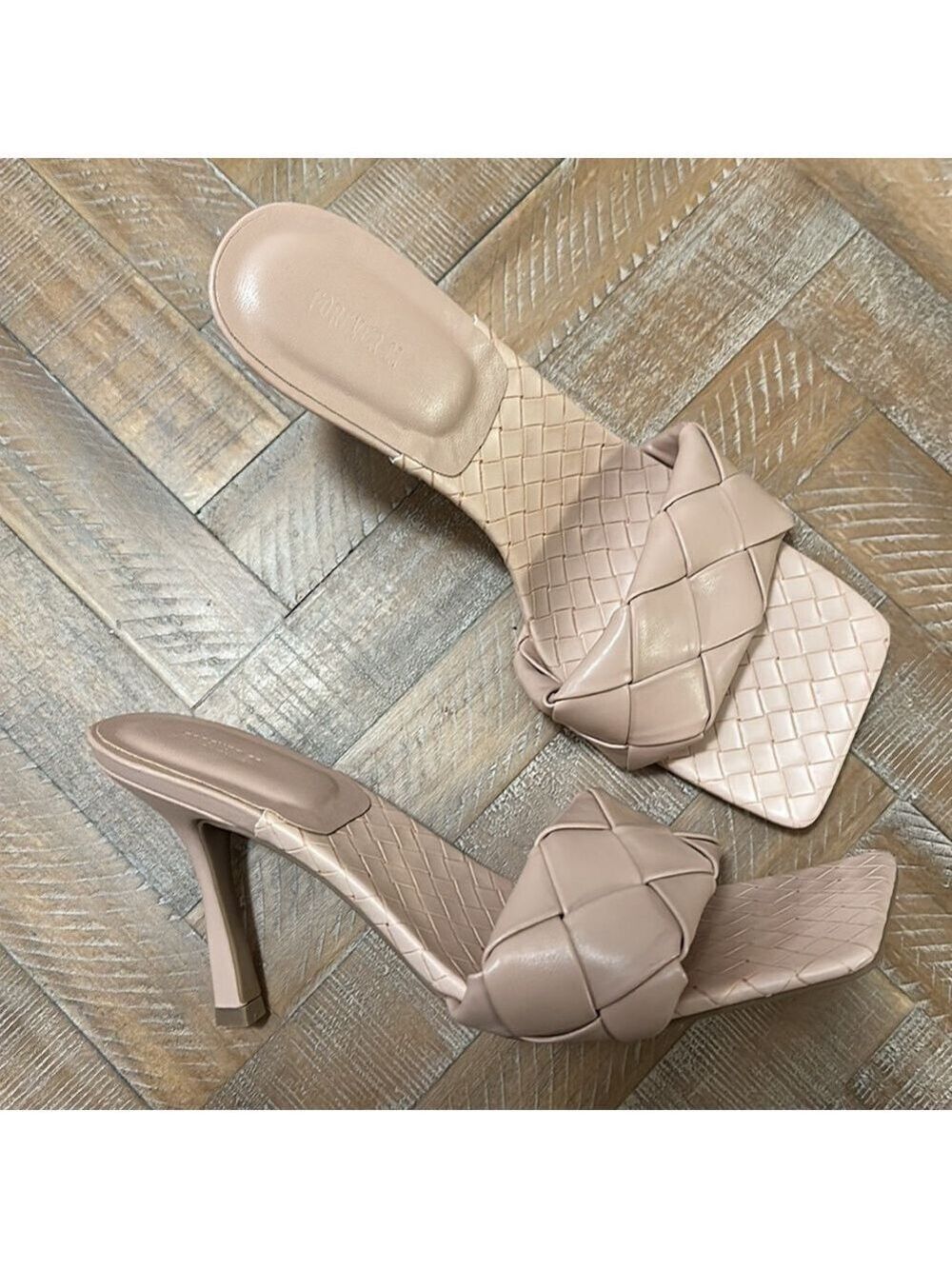 Forever 21 Braided Square Toe Nude Faux Leather Mules Sandals Heels